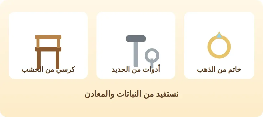 أشياء مصنوعة من النباتات والمعادن: كرسي خشبي وأدوات حديدية