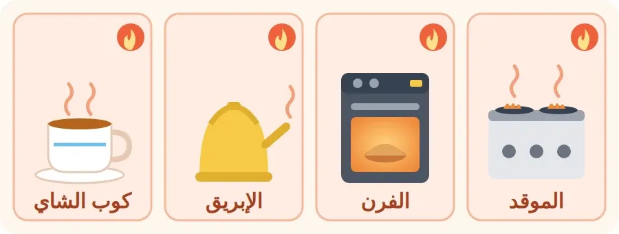 أشياء ساخنة في المطبخ لا أقترب منها: الموقد، الفرن، الإبريق، كوب الشاي