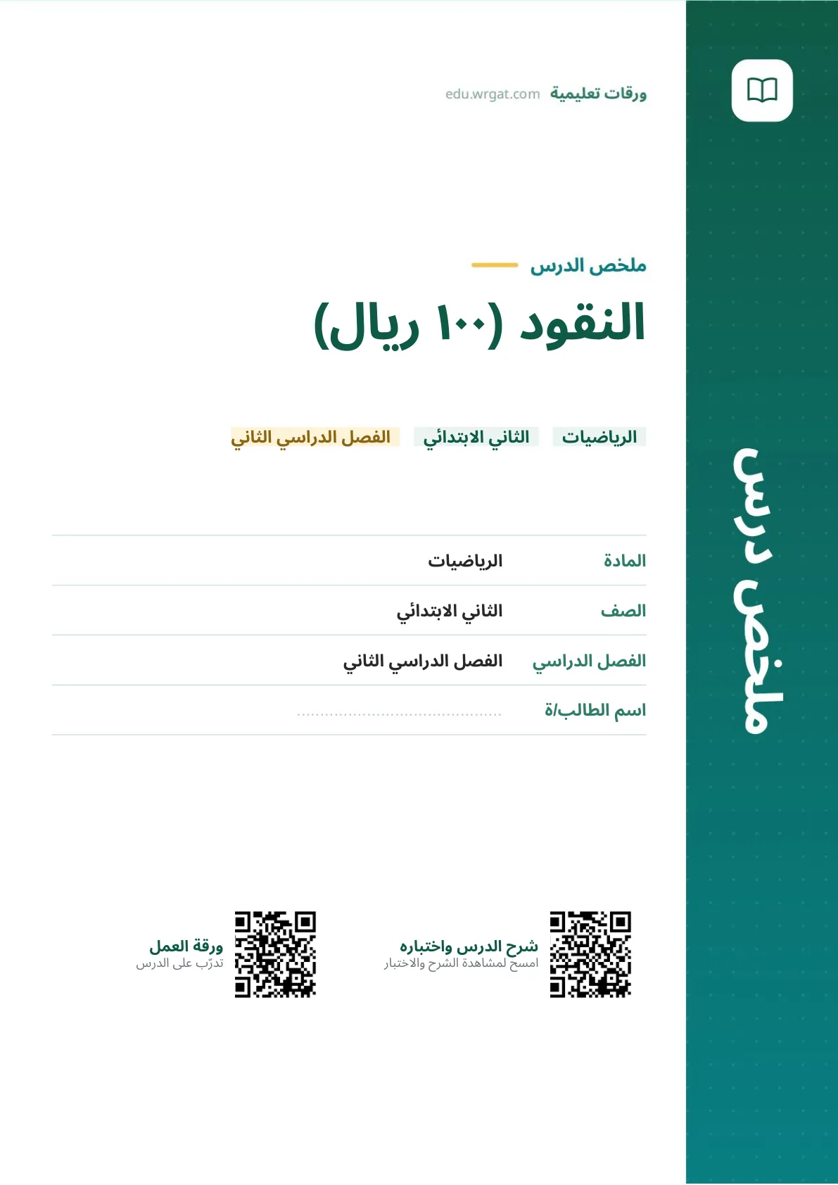 ملخص درس النقود (١٠٠ ريال) ثاني ابتدائي الفصل الثاني