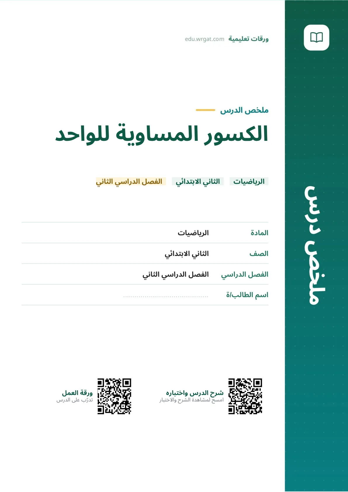 ملخص درس الكسور المساوية للواحد ثاني ابتدائي الفصل الثاني