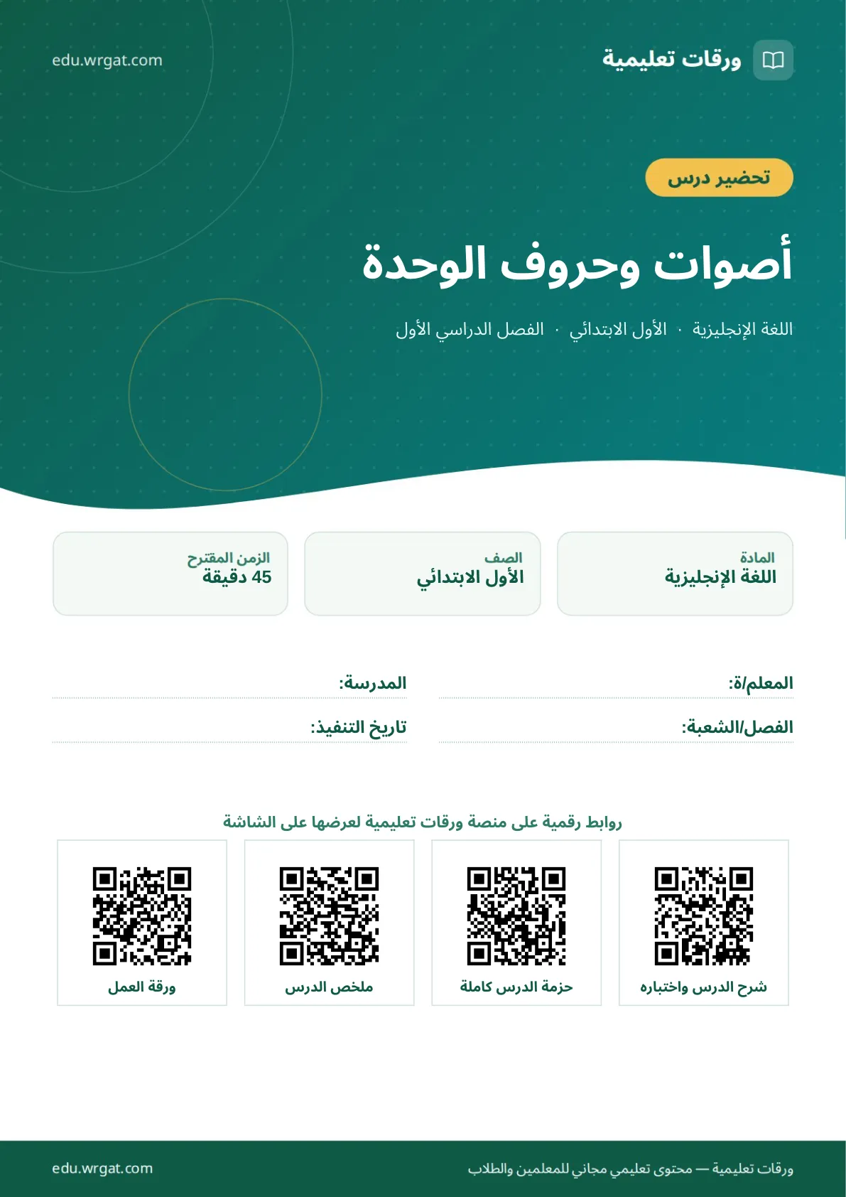 تحضير درس أصوات وحروف الوحدة اول ابتدائي الفصل الدراسي الأول للمعلمين