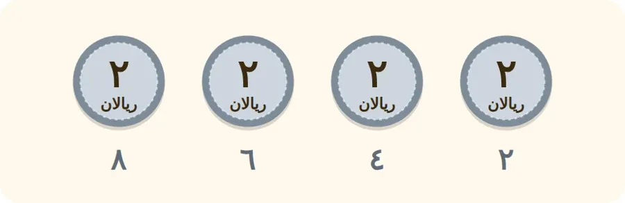 أربع عملات من فئة ريالين نعدّها: ٢، ٤، ٦، ٨