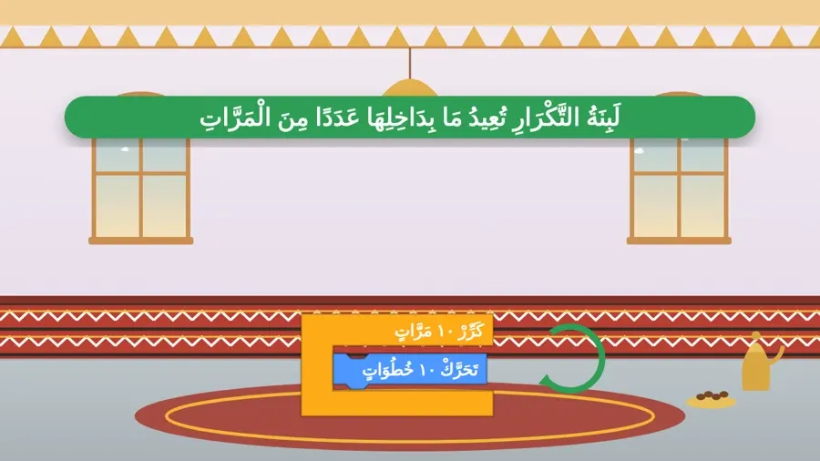 لَبِنَةُ التَّكْرَارِ تُعِيدُ مَا بِدَاخِلِهَا عَدَدًا مِنَ الْمَرَّاتِ