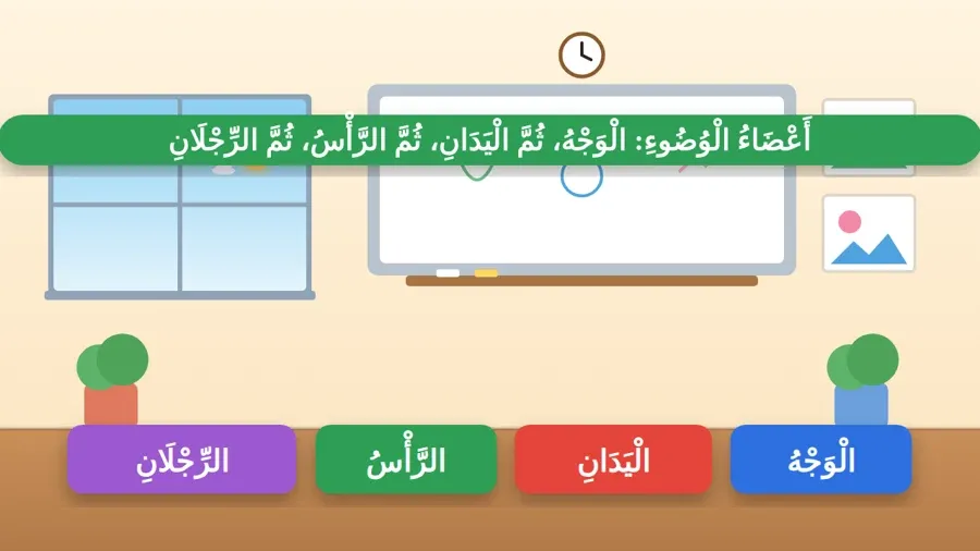 أَعْضَاءُ الْوُضُوءِ: الْوَجْهُ، ثُمَّ الْيَدَانِ، ثُمَّ الرَّأْسُ، ثُمَّ الرِّجْلَانِ
