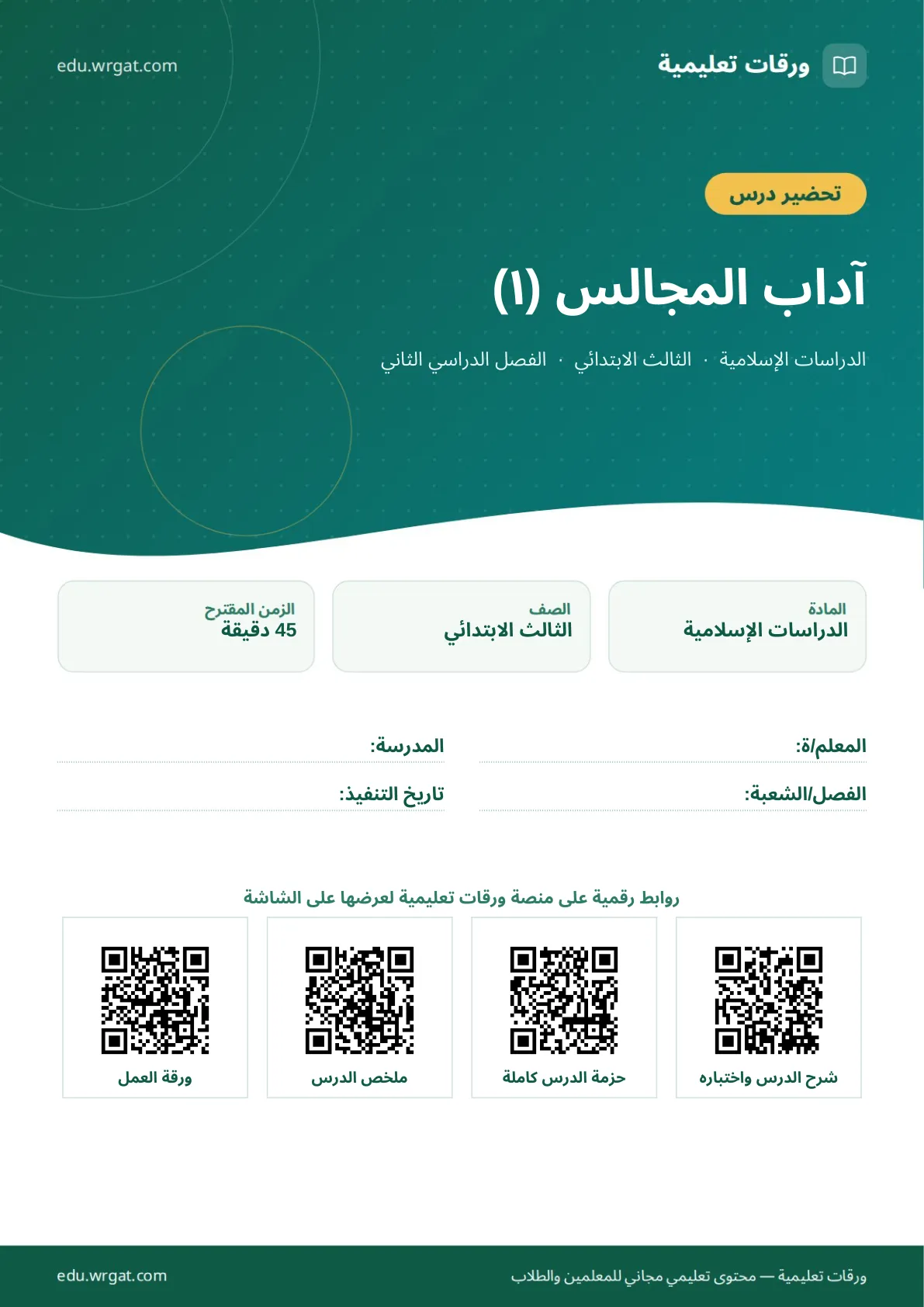 تحضير درس آداب المجالس (١) ثالث ابتدائي الفصل الثاني للمعلمين