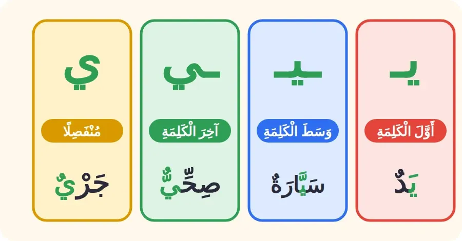 أشكال حرف الياء: يـ في أول الكلمة، ـيـ في وسطها، ـي في آخرها متصلًا، ي منفصلًا
