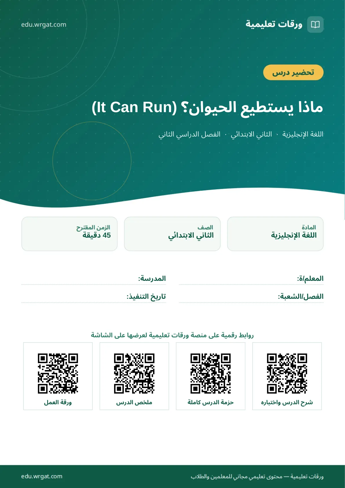 تحضير درس ماذا يستطيع الحيوان؟ (It Can Run) ثاني ابتدائي الفصل الثاني للمعلمين