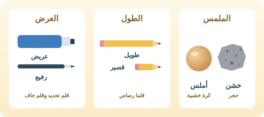 أشياء صلبة تختلف في الملمس والطول والعرض