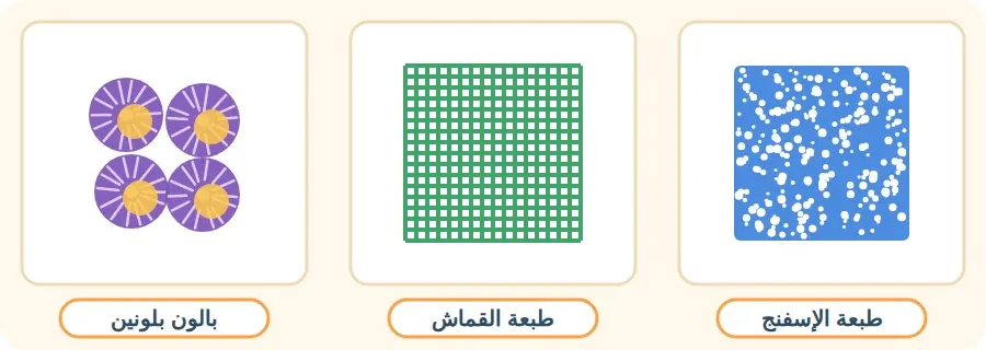 ثلاثة ملامس مطبوعة: الإسفنج يطبع نقاطًا صغيرة، والقماش يطبع خطوطًا متقاطعة، والبالون المغموس في لونين يطبع ألوانًا ممتزجة