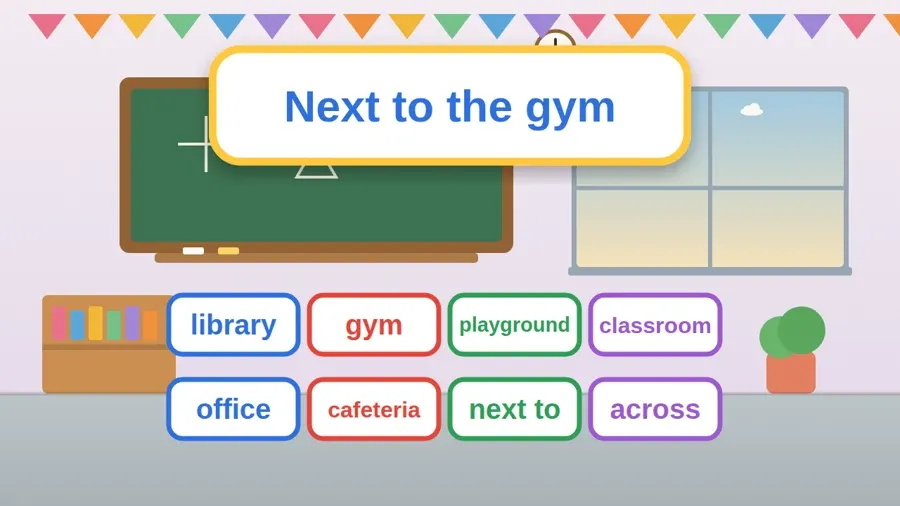 بطاقات كلمات الدرس: library, gym, playground, classroom, office, cafeteria, next to, across