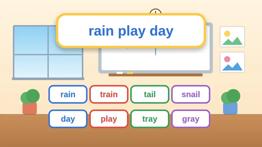 بطاقات كلمات الدرس: rain, train, tail, snail, day, play, tray, gray