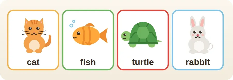 بطاقات أربعة حيوانات أليفة: cat وfish وturtle وrabbit