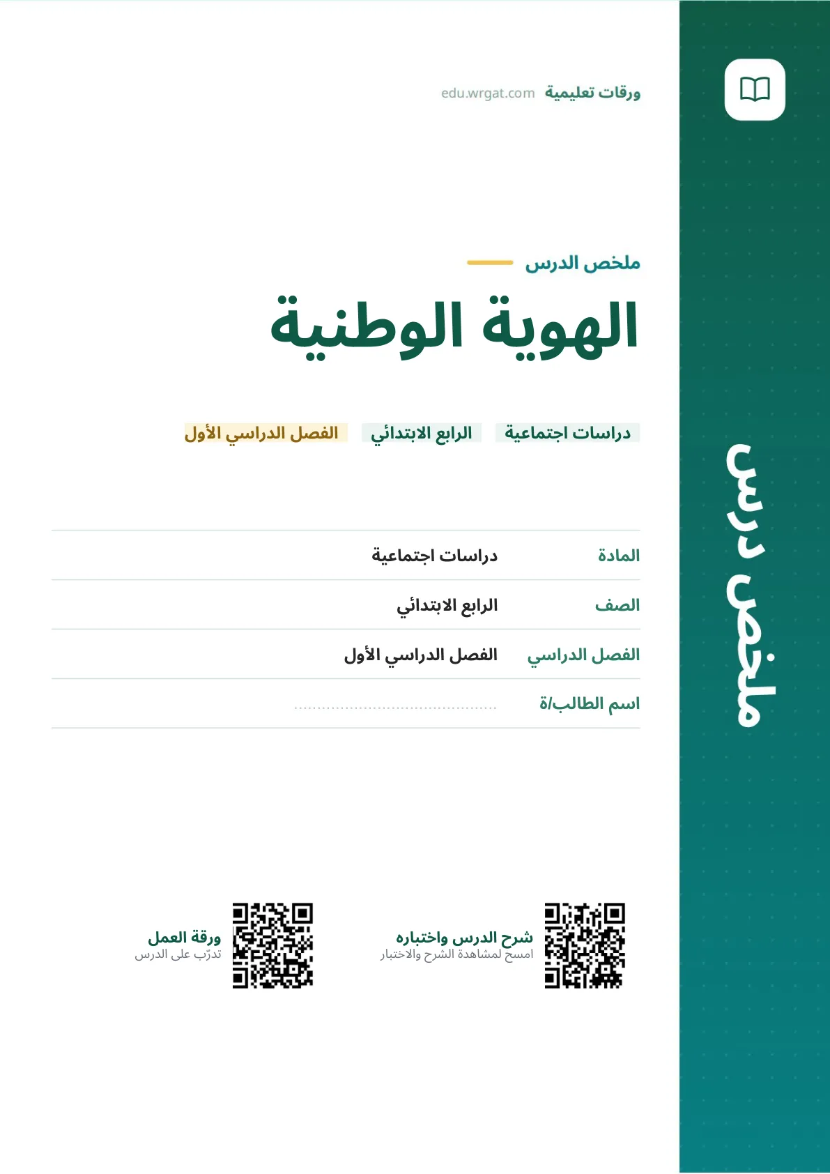 ملخص درس الهوية الوطنية رابع ابتدائي الفصل الأول