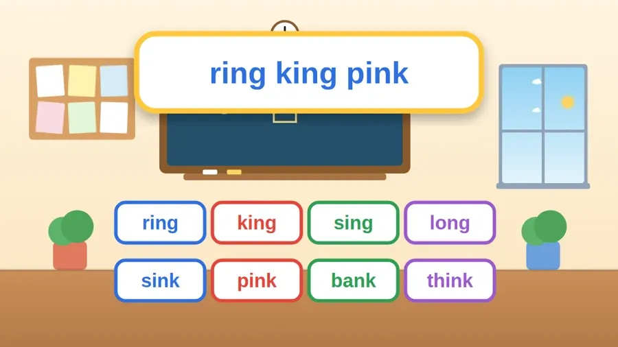 بطاقات كلمات الدرس: ring, king, sing, long, sink, pink, bank, think