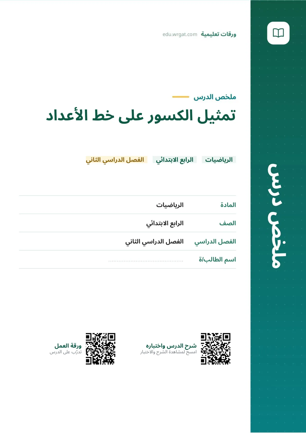 ملخص درس تمثيل الكسور على خط الأعداد رابع ابتدائي الفصل الثاني