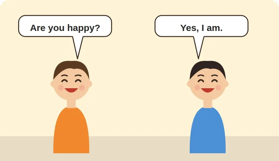 طفلان يتحدثان: الأول يسأل Are you happy? والثاني يجيب Yes, I am.