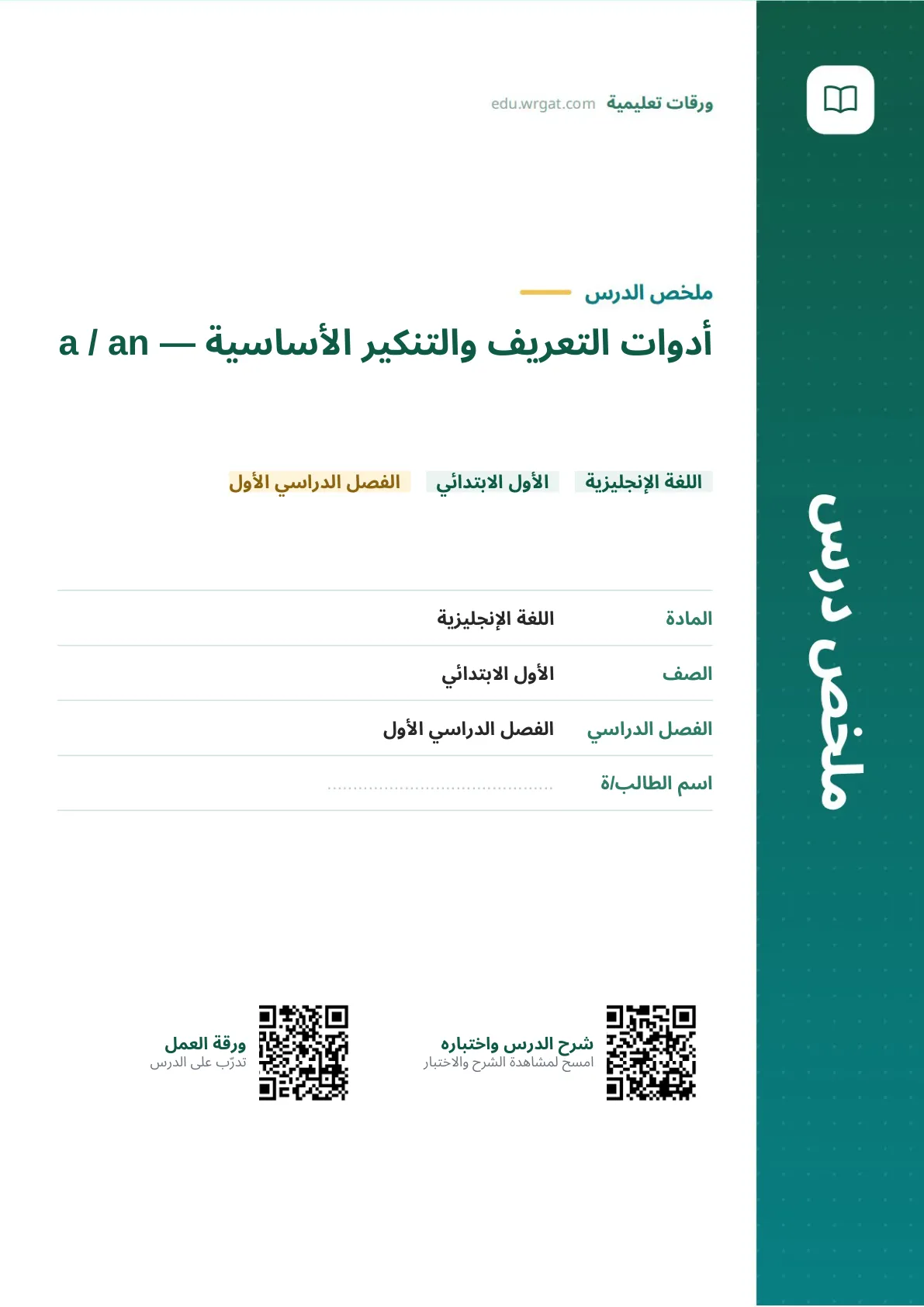 ملخص درس أدوات التعريف والتنكير الأساسية — a / an اول ابتدائي الفصل الدراسي الأول