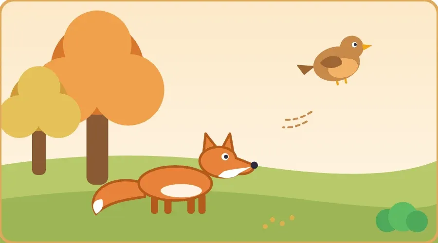 الثعلب يجلس تحت شجرة في الغابة، والعصفور الصغير يطير بعيدًا عنه