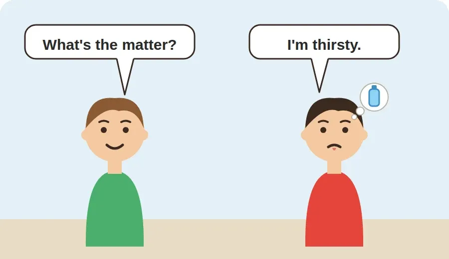طفل يسأل صديقه What's the matter? فيجيب I'm thirsty. ويفكر في قارورة ماء