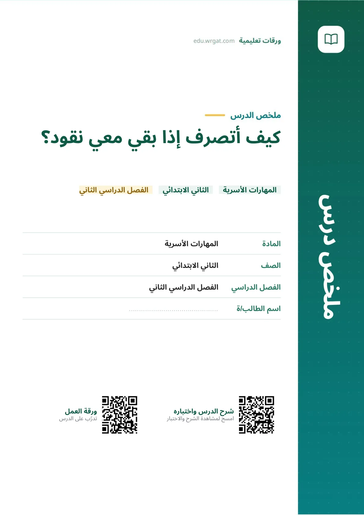 ملخص درس كيف أتصرف إذا بقي معي نقود؟ ثاني ابتدائي الفصل الدراسي الثاني