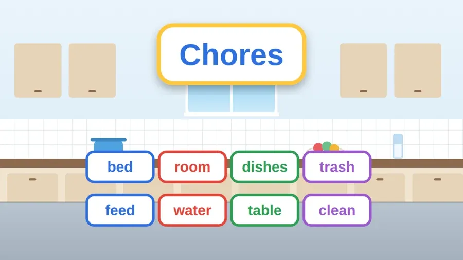 بطاقات كلمات الدرس: bed, room, dishes, trash, feed, water, table, clean