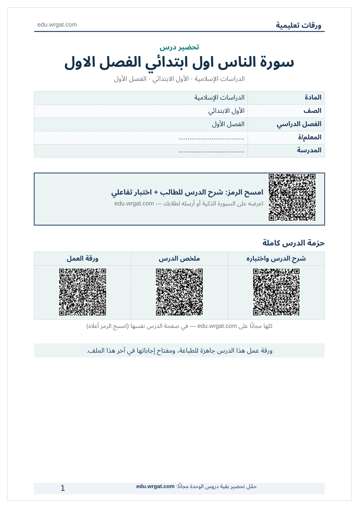 تحضير درس سورة الناس اول ابتدائي الفصل الاول للمعلمين