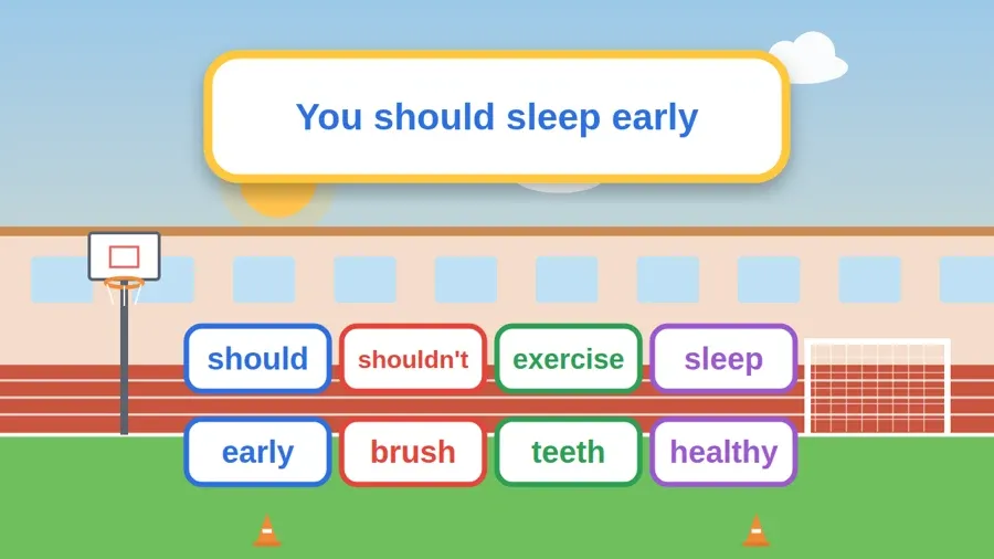 بطاقات كلمات الدرس: should, shouldn't, exercise, sleep, early, brush, teeth, healthy