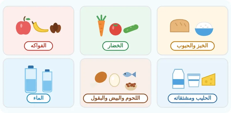 مجموعات الغذاء الصحي: الخبز والحبوب، الخضار، الفواكه، الحليب ومشتقاته، اللحوم والبيض والبقول، الماء