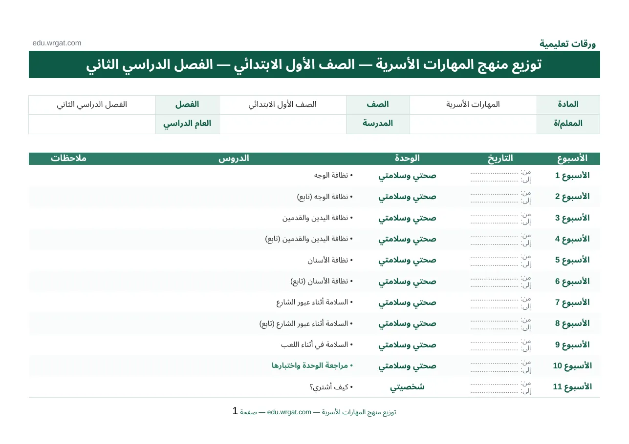توزيع اسرية اول ابتدائي فصل ثاني