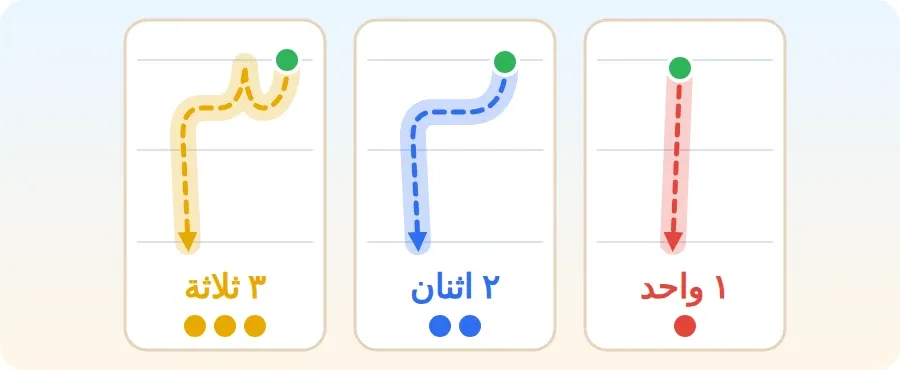 اتجاه كتابة الأرقام ١ و٢ و٣ من نقطة البداية