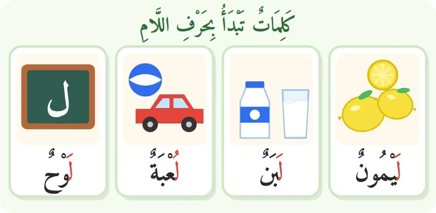 صور كلمات تبدأ بحرف اللام: ليمون، لبن، لعبة، لوح