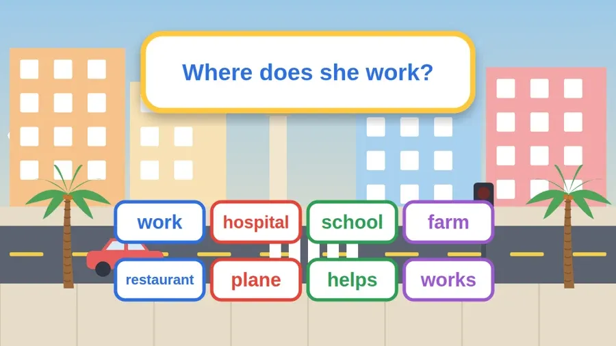 بطاقات كلمات الدرس: work, hospital, school, farm, restaurant, plane, helps, works
