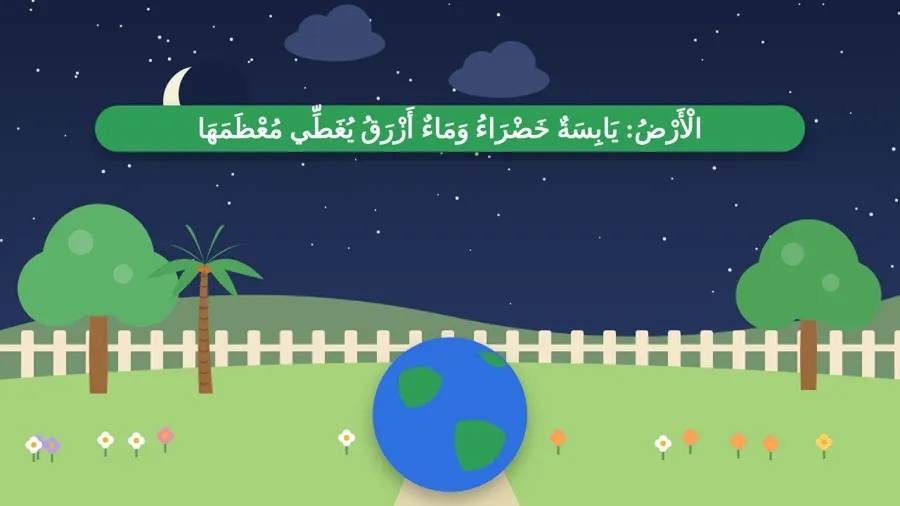 الْأَرْضُ: يَابِسَةٌ خَضْرَاءُ وَمَاءٌ أَزْرَقُ يُغَطِّي مُعْظَمَهَا
