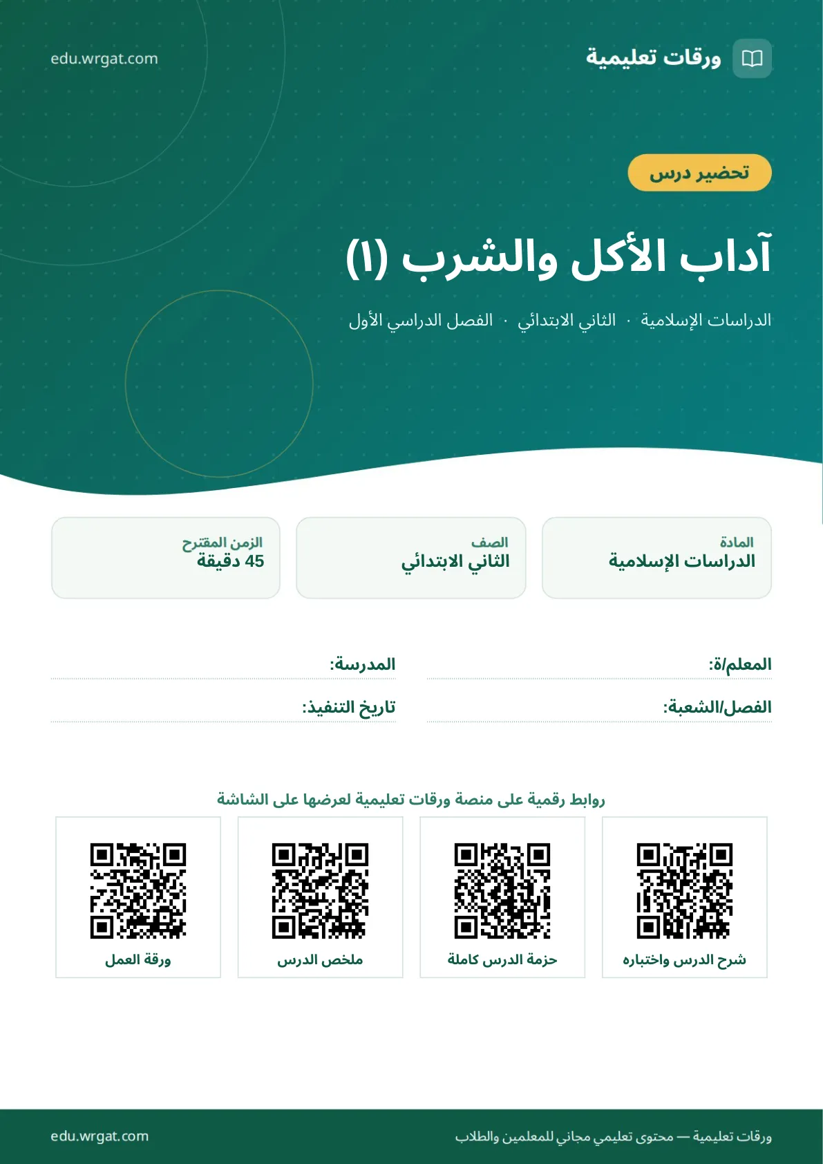 تحضير درس آداب الأكل والشرب (١) ثاني ابتدائي الفصل الدراسي الأول للمعلمين
