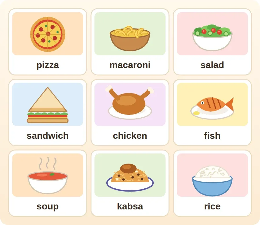 بطاقات تسعة أطعمة مكتوب تحت كل صورة اسمها بالإنجليزية