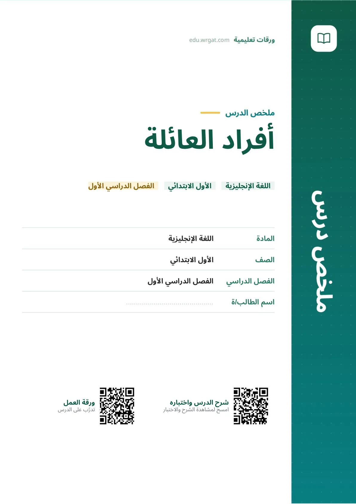 ملخص درس أفراد العائلة اول ابتدائي الفصل الدراسي الأول