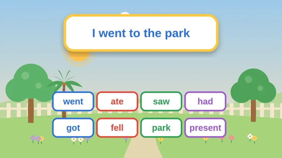 بطاقات كلمات الدرس: went, ate, saw, had, got, fell, park, present