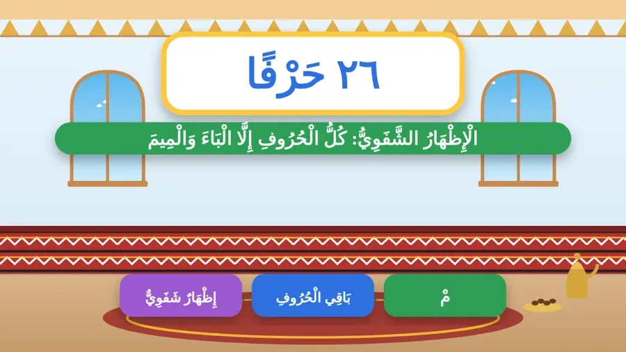 الْإِظْهَارُ الشَّفَوِيُّ: كُلُّ الْحُرُوفِ إِلَّا الْبَاءَ وَالْمِيمَ