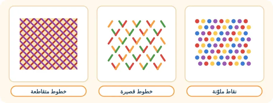 ثلاث طرق للتعبير عن الملمس بالألوان: نقاط ملوّنة، خطوط قصيرة، خطوط متقاطعة
