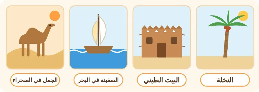 أربعة مناظر من بلادي: النخلة، البيت الطيني، السفينة في البحر، الجمل في الصحراء