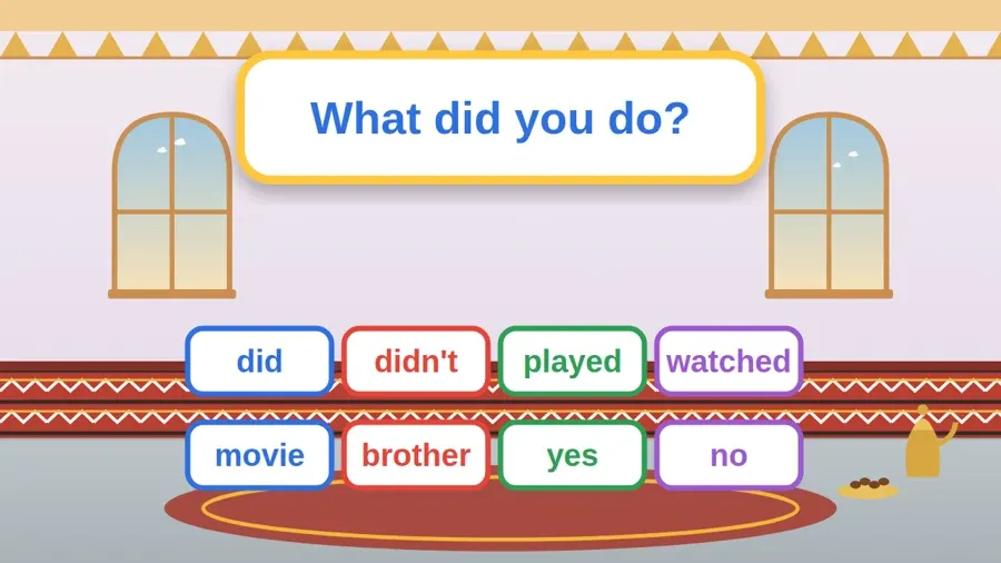بطاقات كلمات الدرس: did, didn't, played, watched, movie, brother, yes, no