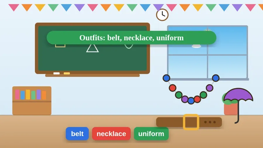 Outfits: belt, necklace, uniform