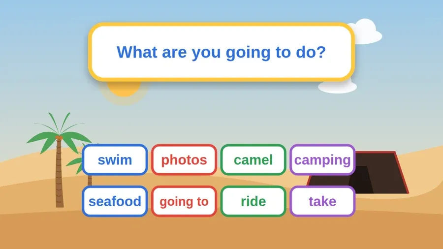 بطاقات كلمات الدرس: swim, photos, camel, camping, seafood, going to, ride, take