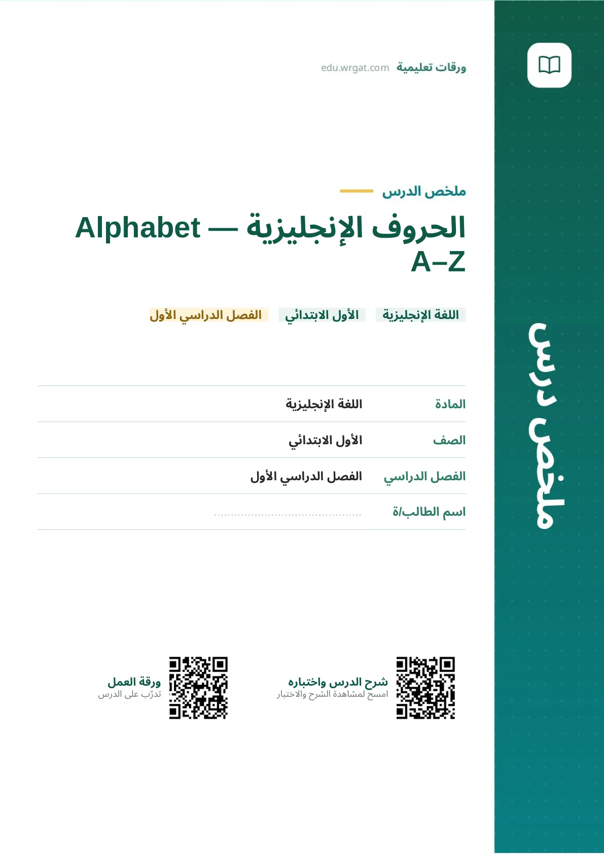 ملخص درس الحروف الإنجليزية — Alphabet A–Z اول ابتدائي الفصل الدراسي الأول