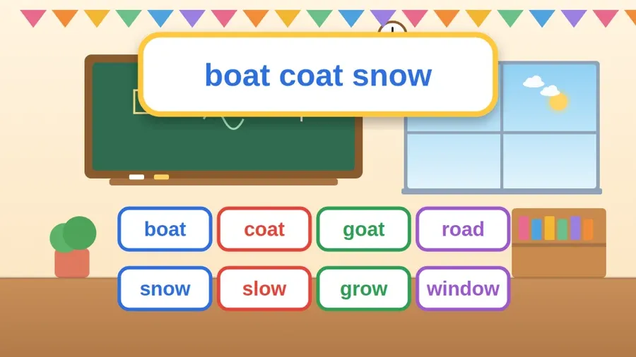 بطاقات كلمات الدرس: boat, coat, goat, road, snow, slow, grow, window