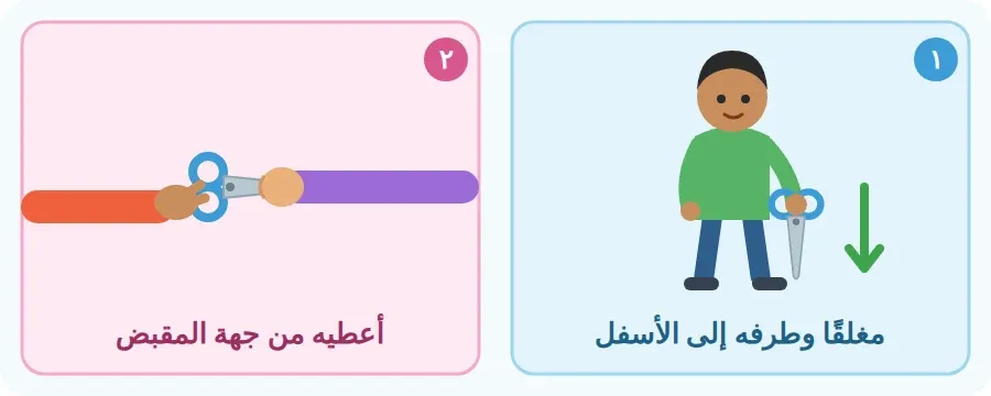 أحمل المقص مغلقًا وطرفه إلى الأسفل، وأعطيه لصديقي من المقبض