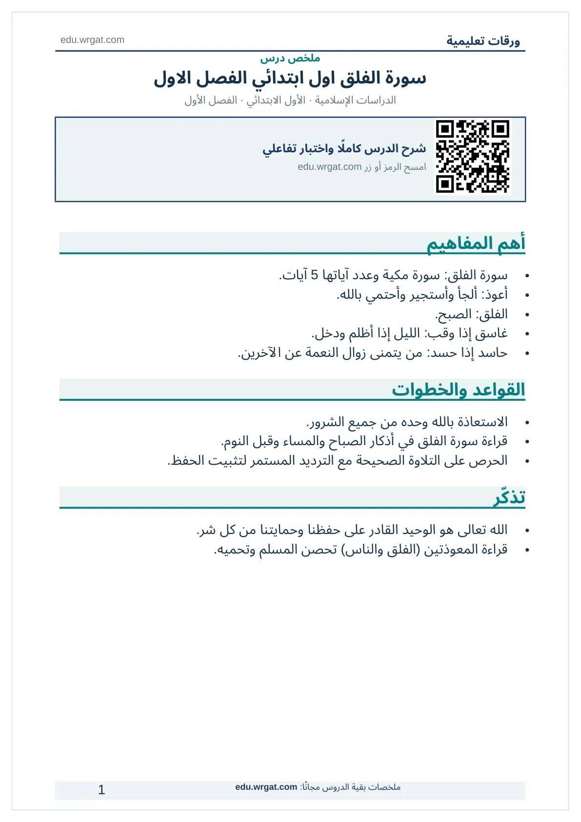 ملخص درس سورة الفلق اول ابتدائي الفصل الاول