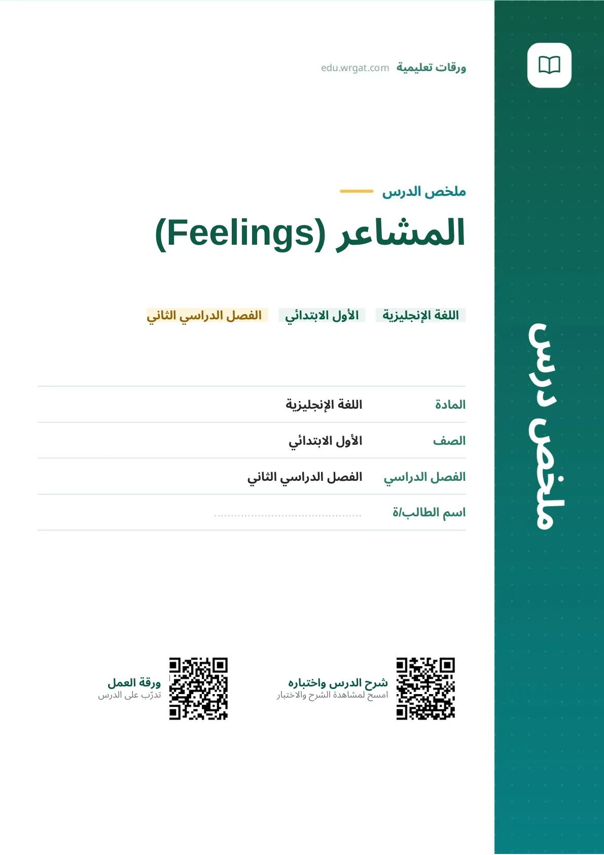 ملخص درس المشاعر (Feelings) اول ابتدائي الفصل الدراسي الثاني