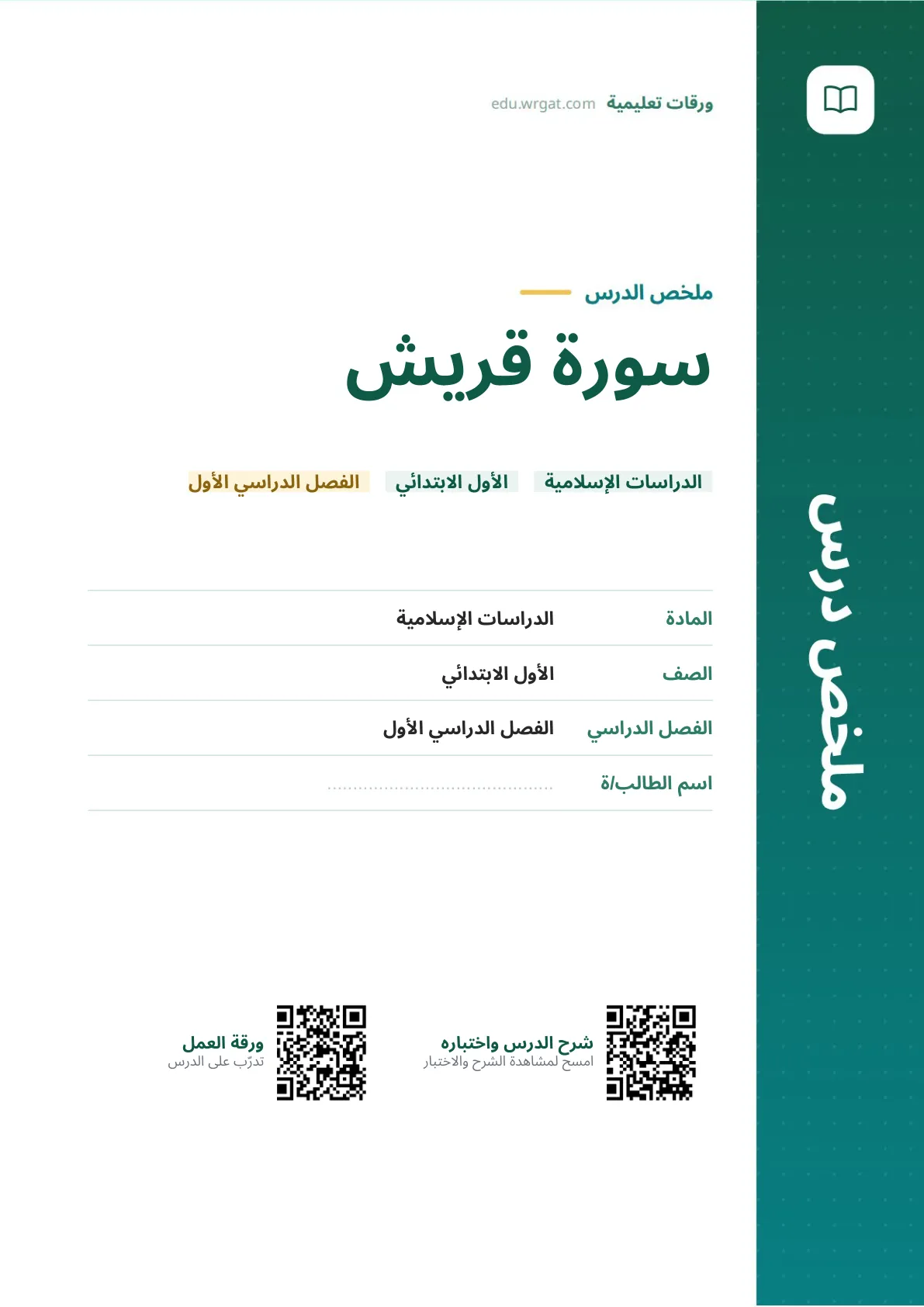 ملخص درس سورة قريش اول ابتدائي الفصل الدراسي الأول