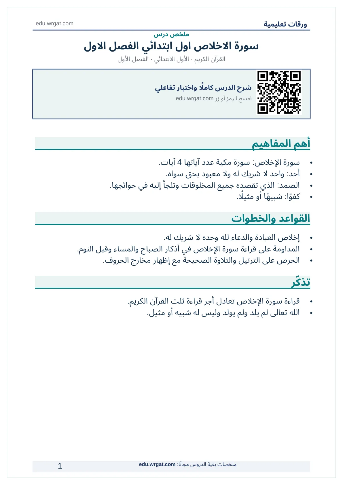 ملخص درس سورة الاخلاص اول ابتدائي الفصل الاول